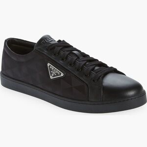 Prada Men Lane Black Geometric Triangle Logo leather Re-Nylon Sneakers US 11 new